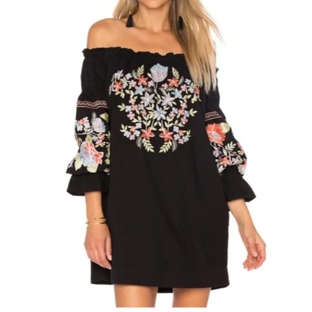 FreePeople | Black Embroidered Off Shoulder Mini Dress | M